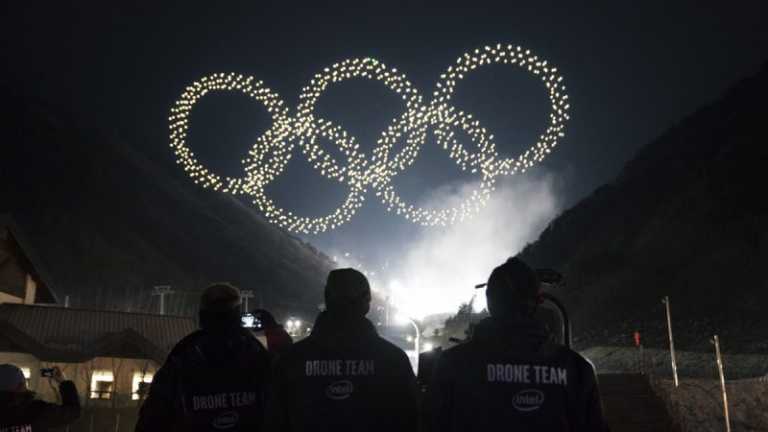 The Intel drone light show team produces the Olympic Winter Games PyeongChang 2018 Opening Ceremony drone light show, featuring Intel Shooting Star drones. Intel is providing drone technology at the Olympic Winter Games in South Korea. (Credit: Intel Corporation)